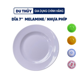 Dĩa tròn cạn 7" 18cm nhựa melamine màu trắng, vàng, xanh, đủ bông, vệ sinh dễ dàng, không nứt vỡ tại gia dụng Du Thủy