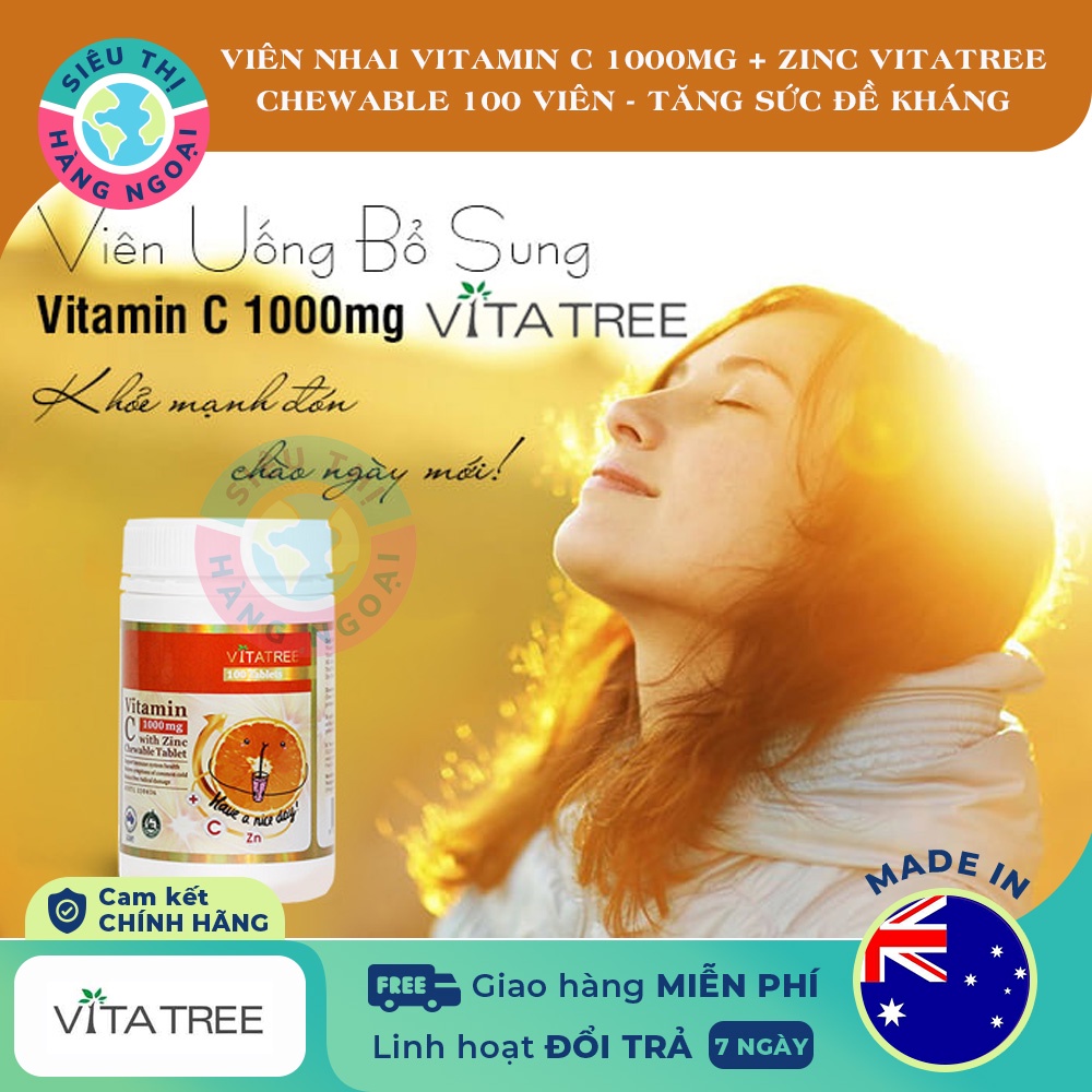 Viên nhai Vitamin C 1000mg with Zinc Chewable Tablet Vitatree Exp2024[Tăng cường hệ thống miễn dịch, sức đề kháng]