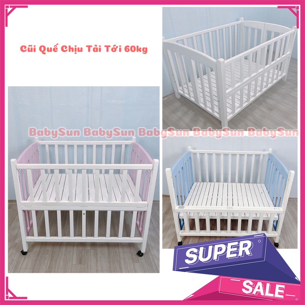 Cũi Gỗ Quế Cho Bé BabySunMàu Trắng Chất Liệu Gỗ Giát Có 3 Nấc Chịu Lực 60kg BH 24 Tháng Hàng Xuất Khẩu Tặng Kèm Bánh Xe