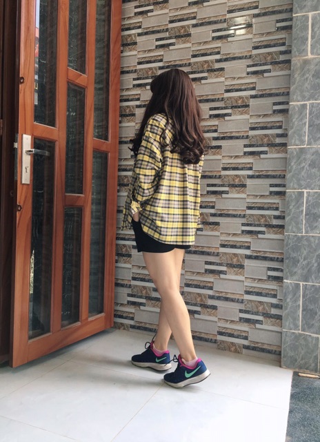 Áo sơ mi oversize 2 cổ caro vàng