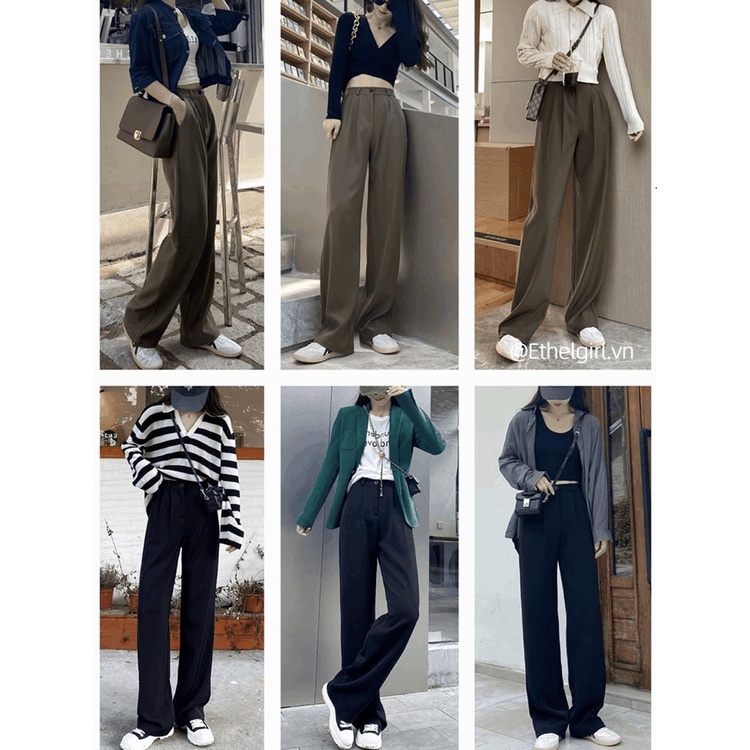 Quần ống rộng lưng cao màu sắc đơn giản phong cách Hàn Quốc độc đáo