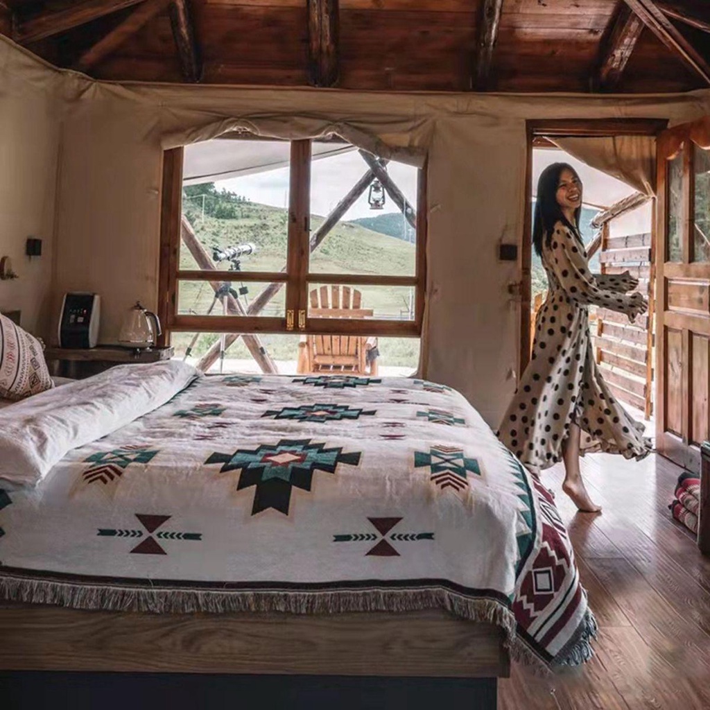 Thảm Trải Sàn Vải Lanh Mềm Ấm Áp Phối Tua Rua Màu Ngà