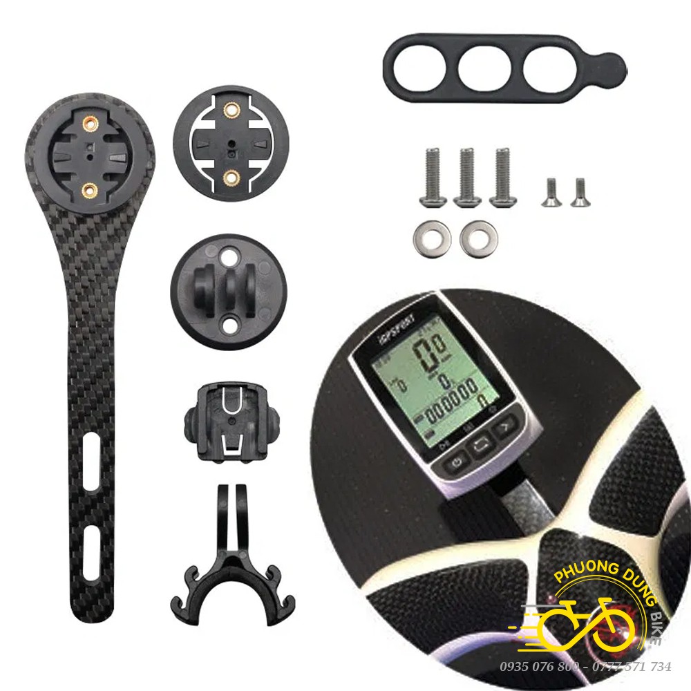 Giá Carbon 3K bắt đồng hồ Cateye, Garmin kèm giá bắt đèn cho xe đạp