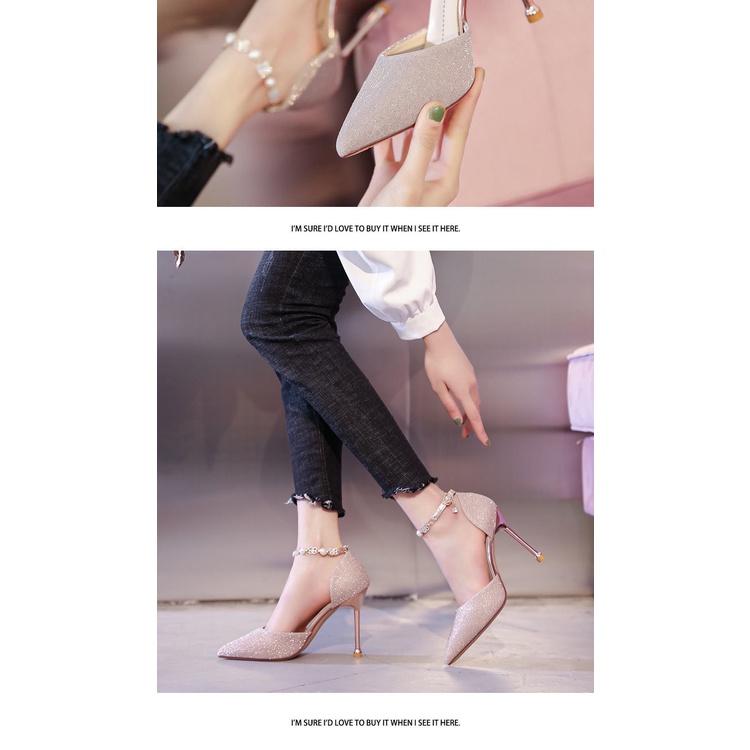 Giày Cao Gót Mũi Nhọn Cài Khóa Đính Đá Pha Lê Thời Trang Mùa Hè 2022 Cho Nữ