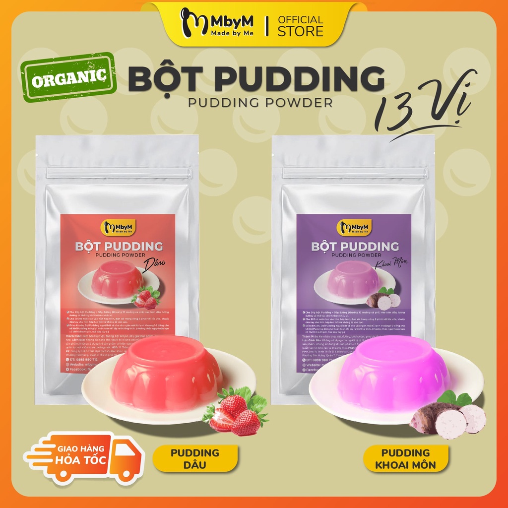 Bột Pudding, Plan, MbyM 50g các vị:Trứng, Caramel, Khoai môn, Matcha, Dâu, Chocolate