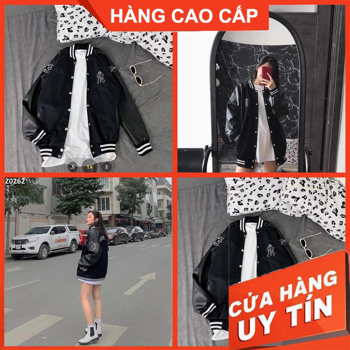 Áo Khoác Bomber 03 Tay Phối Da Unisex, Dáng Thể Thao Đen Cổ Viền Nỉ Nam Nữ