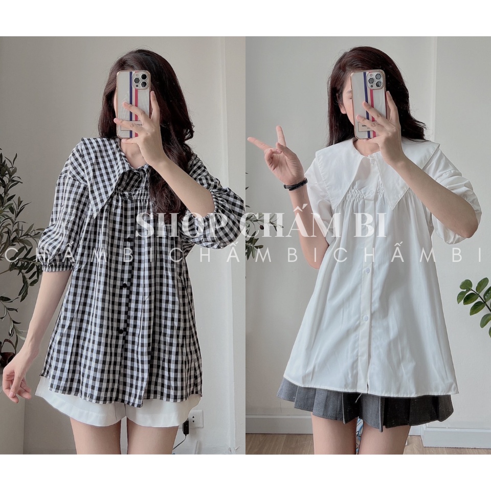 Áo sơ mi cách điệu A.317, Áo kiểu dáng dài cổ nhọn Gothic tay lỡ bo chun nhún ngực 2 màu điệu đà - Thời trang nữ Chấm Bi | BigBuy360 - bigbuy360.vn
