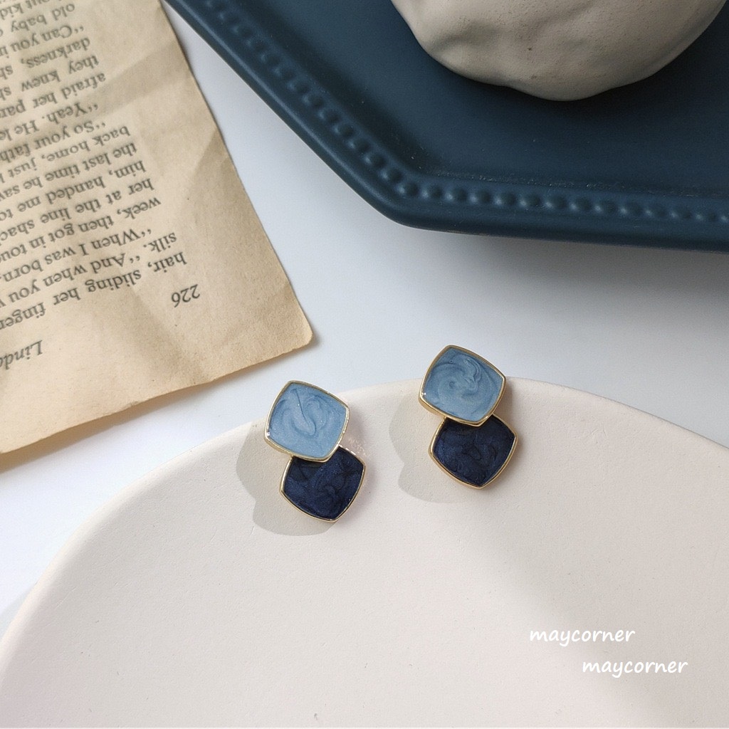 Khuyên tai hình học vân đá xanh dương mạ bạc 925 cao cấp sáng B501