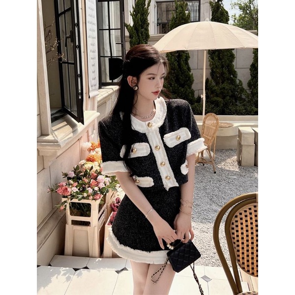 VIDEO ẢNH THẬT Set Áo Dạ Tweed Chân Váy Viền Đen Trắng