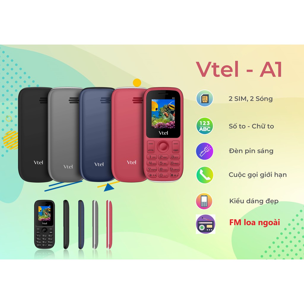 Điện Thoại GSM Vtel A1 (2 Sim) - Số To, Chữ To, Pin Bền, FM loa ngoài, Thiết Kế Đẹp - Hàng Chính Hãng, Bảo Hành 12 Tháng