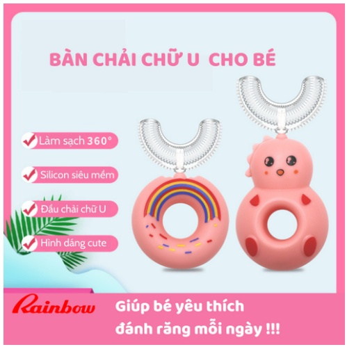 Bàn chải đánh răng cho bé chữ U từ 2-12 tuổi, hình bánh cầu vồng, khủng long đáng yêu