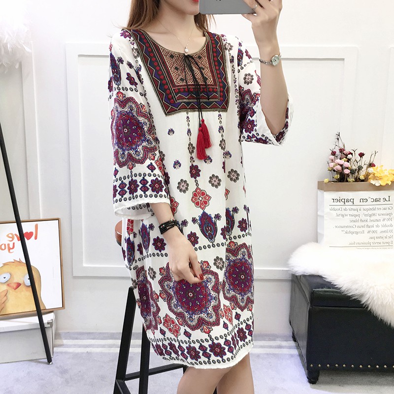 Đầm dáng rộng chất Cotton hoạ tiết hoa thêu có size lớn