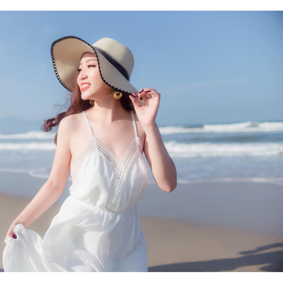 Đầm maxi trắng chéo dây lưng