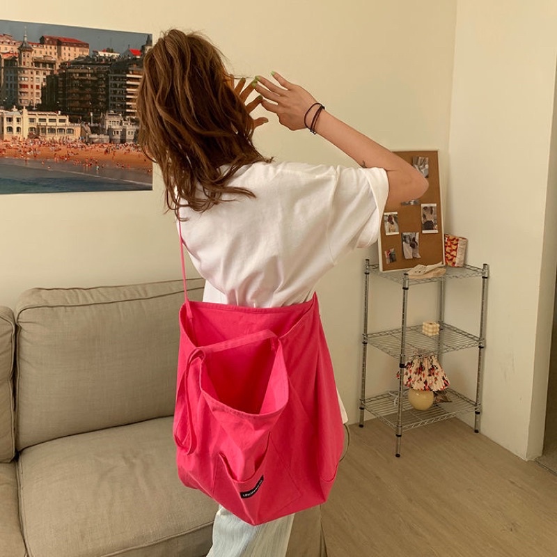 Túi tote vải canvas đeo vai màu Hồng CỠ LỚN kiểu dáng Basic cho Nữ phong cách Ulzzang