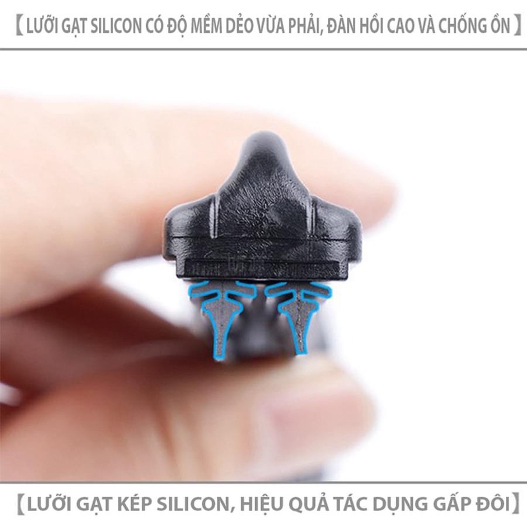 Gạt mưa silicon lưỡi kép - chân móc. Công nghệ mới 2 lưỡi gạt trên 1 thanh giúp sạch gấp đôi. Sản phẩm Made in VietNam