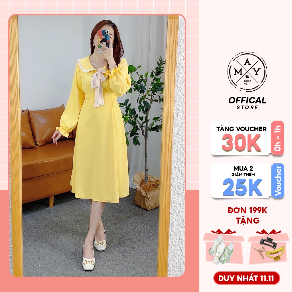 Váy Cổ Sen Viền Bèo Gắn Nơ Cổ MAY.SINCE2011 Thiết Kế Ôm Trên Vạt Váy Xòe Chất Liệu Vải Thoáng Mát MAN01-0087
