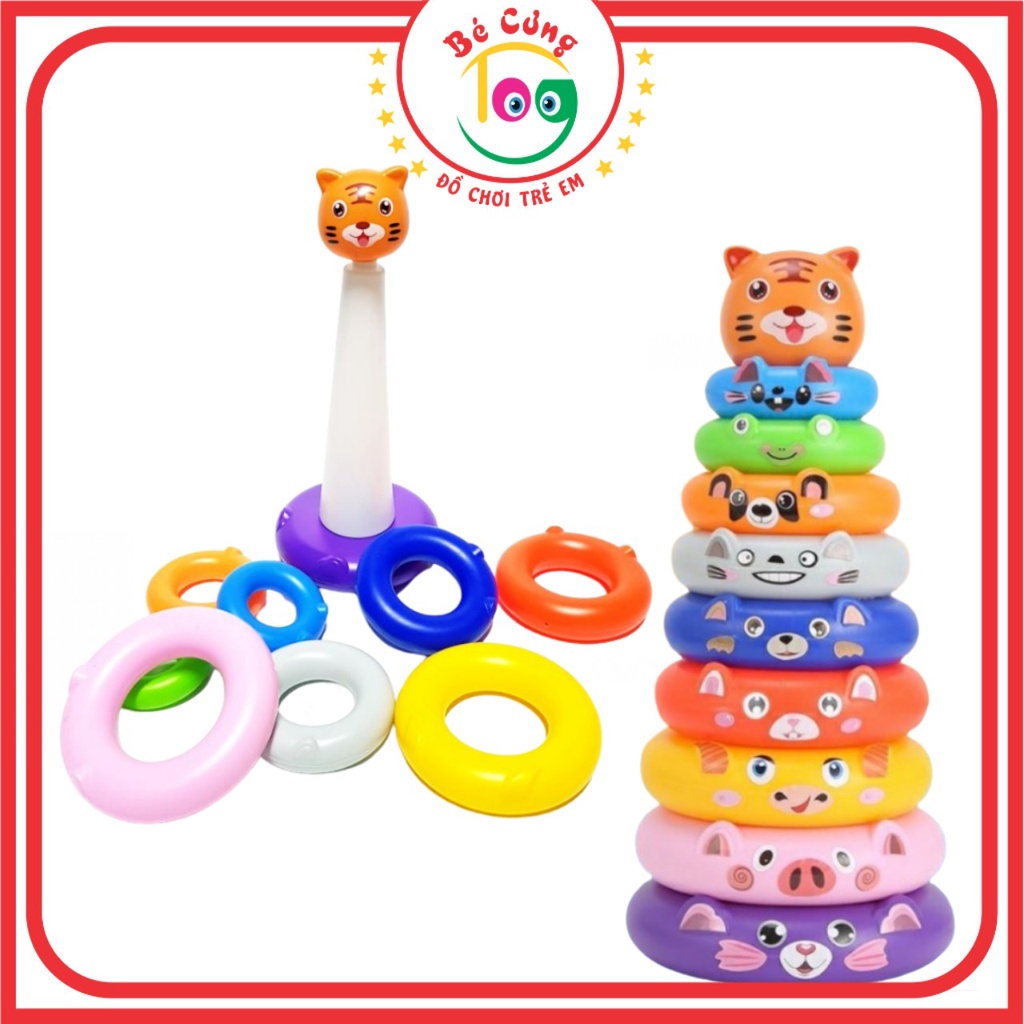 Đồ Chơi Tháp Xếp Chồng 9 Vòng Tròn Cỡ Lớn Kèm Sticker Dán Trang Trí Hình Động Vật Dễ Thương Dành Cho Bé