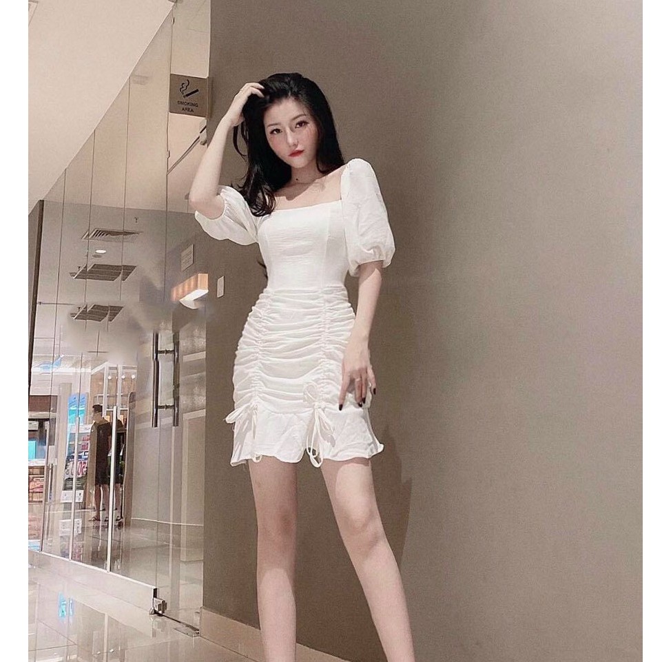 [Mã FAMAYWA2 giảm 10K đơn 50K] Đầm Nữ Tay Lỡ Trắng Tinh Khôi, Xòe Đuôi Cá Hoa Tiết Rút Dây Nhún Eo Thời Trang - Winchois | BigBuy360 - bigbuy360.vn