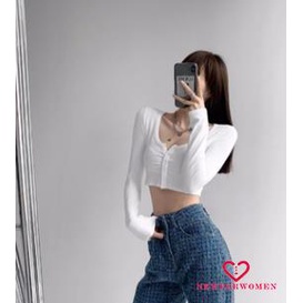 Áo Croptop Tay Dài Cổ Chữ V Màu Sắc Thời Trang Cho Nữ