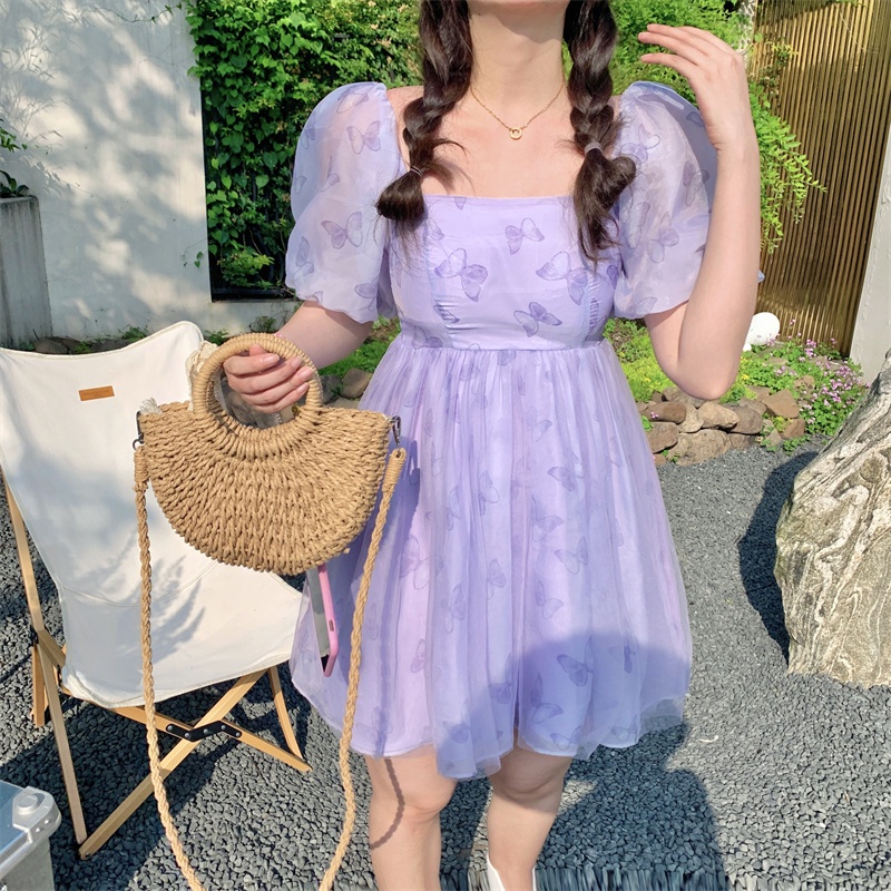 Đầm Ngắn Tay Phồng Chất Liệu Chiffon Thời Trang Mùa Hè Hàn Quốc Mới Cho Nữ