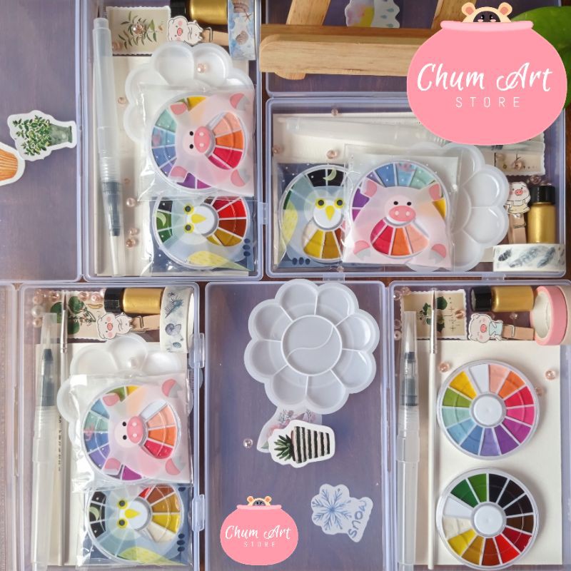 Chum art Combo hộp đầy đủ hoạ phẩm vẽ màu nước cho người mới tập, bộ màu nước