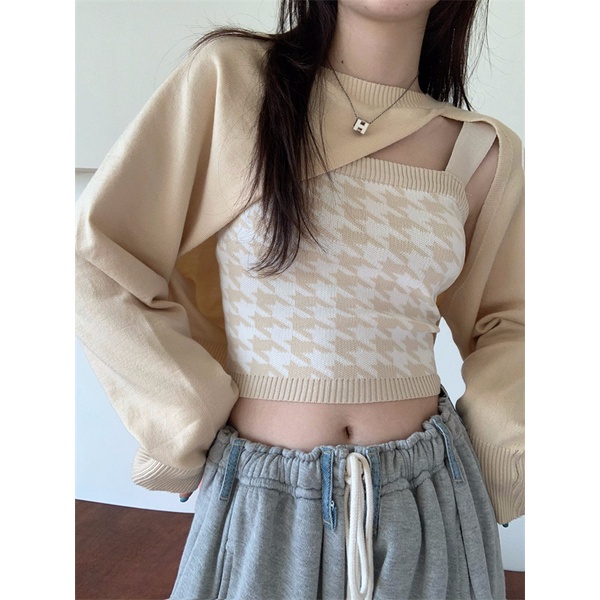 QADCOL Set áo hai dây và áo sweater dệt kim dài tay lệch tà thời trang dành cho nữ (đặt hàng riêng)