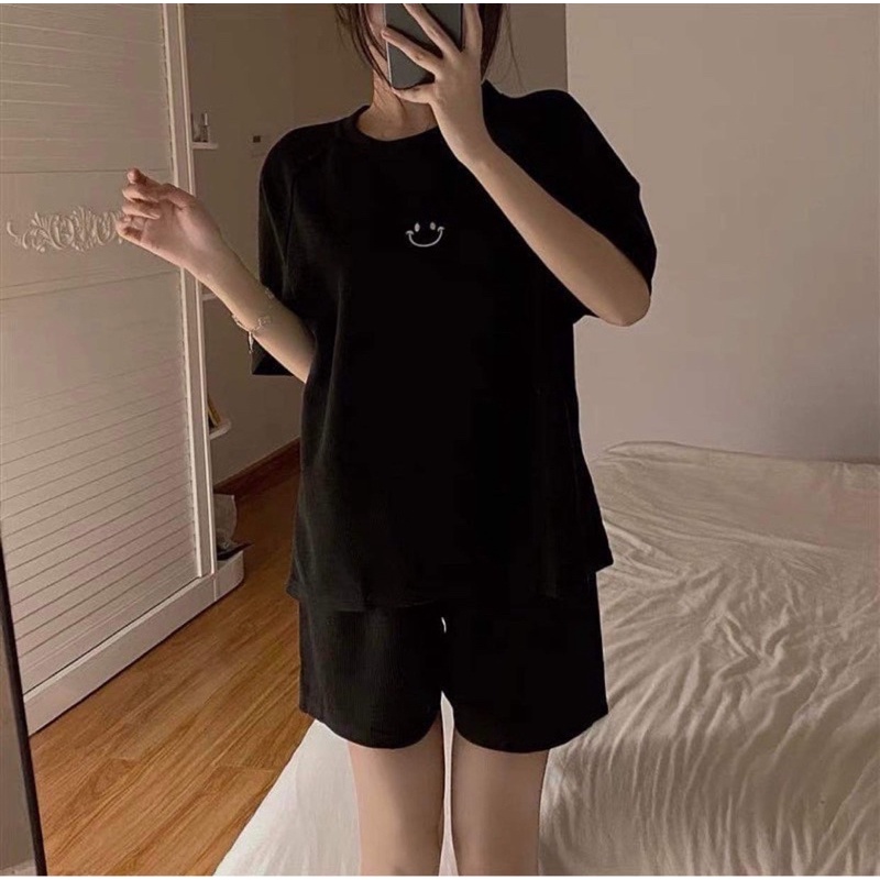 Set Raglan Tổ Ong Thêu Mặt Cười Nữ  🌸 Bộ đồ quần short kèm áo thun form rộng tay lỡ hàn quốc Ulzzang 🌸