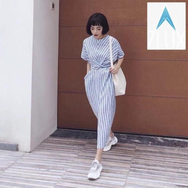 Váy Maxi Xẻ Tà Có Túi sọc xanh form dài chéo eo Xinh Đẹp Neppy N1W129 .