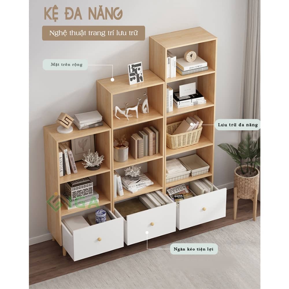 Kệ sách 3 4 5 tầng  S Style thông minh có hộc để đồ kệ gỗ decor lắp ráp phong cách Nordic- GP144
