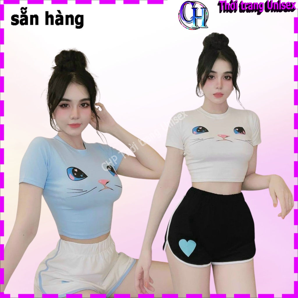 Đồ bộ nữ Tiểu Thư CÓ SẴN Sét áo croptop in hình mặt mèo phối quần đùi viền trái tim cực xinh , chất thun bozip đẹp M01