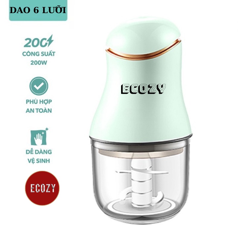 Máy xay mini ECOZY 6 Lưỡi cối thủy tinh máy xay ăn dặm cho bé, xay thịt cháo sinh tố tỏi ớt 300ml