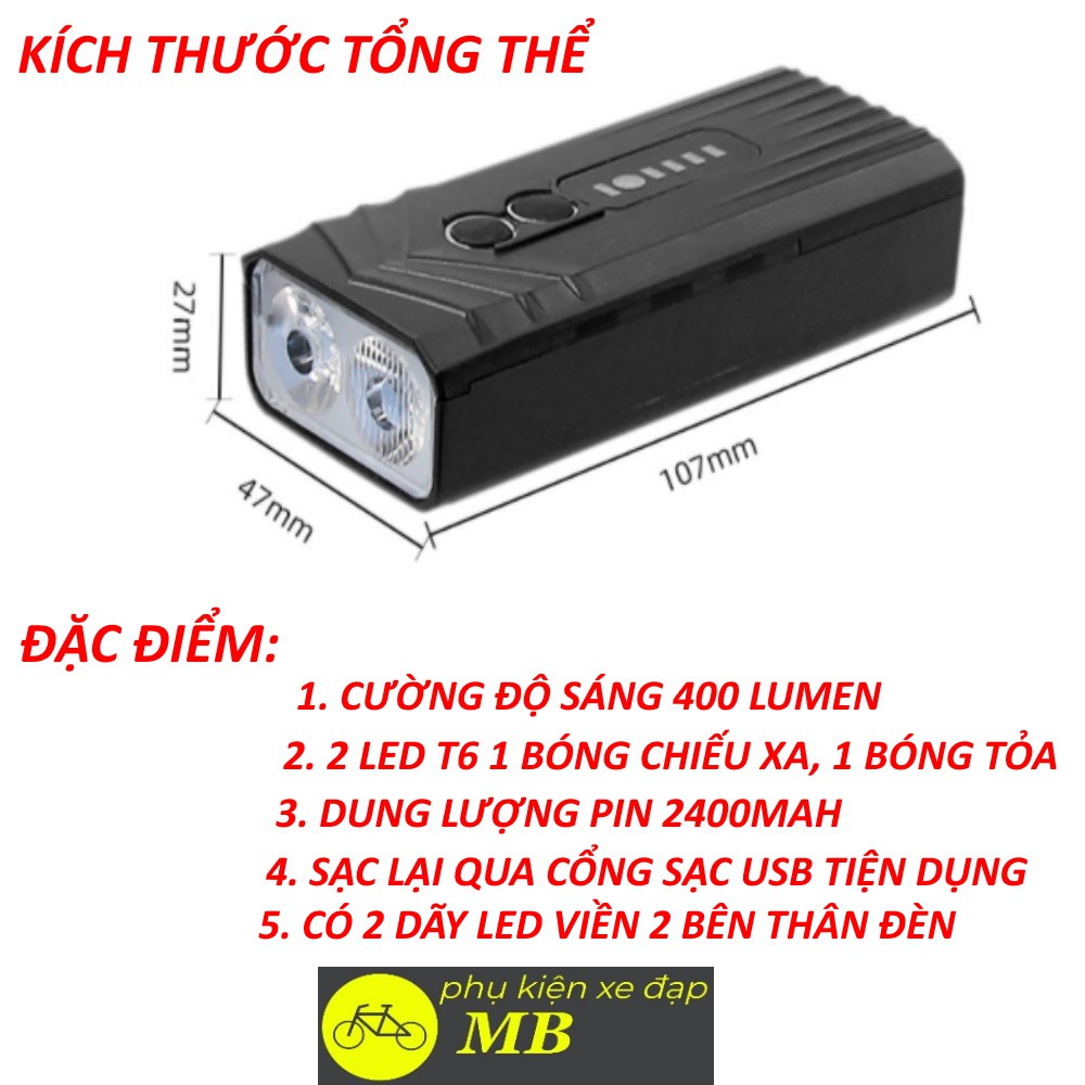 đèn xe đạp siêu sáng chống nước pin trâu 2 led có cảm biến tự động sáng khi đi đêm pin sạc usb,tích hợp sạc dự phòng 05