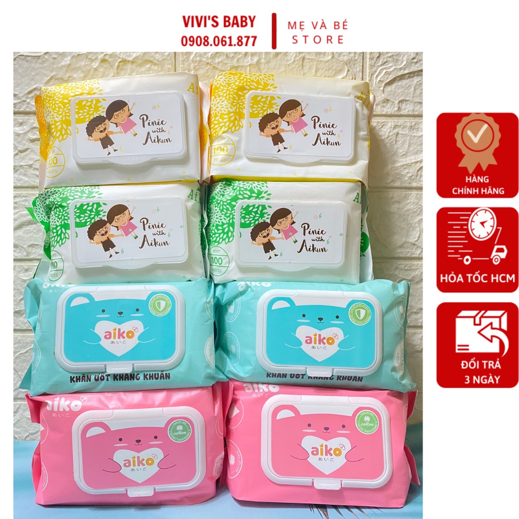 Khăn ướt Aiko 100 Tờ Kháng Khuẩn Không Mùi An Toàn Cho Da Bé Chính Hãng