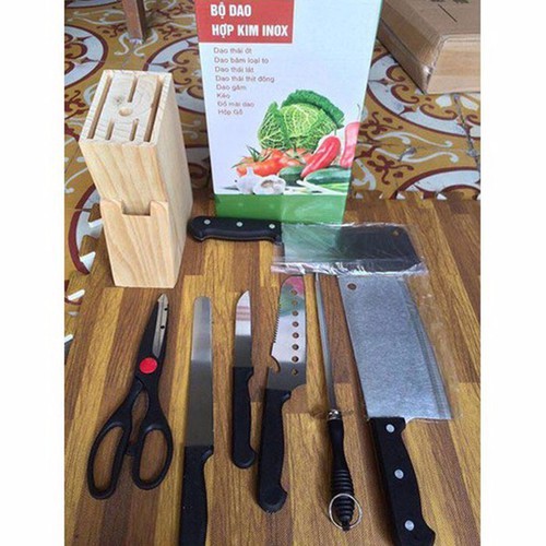 Bộ Dao Kéo 7 Món Hợp Kim Inox Đa Năng Kèm Ống Cắm Bằng Gỗ Cao Cấp [xả kho]