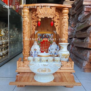 Combo Bộ bàn thờ thần tài ông địa gỗ xoan ngang 42cm quỳ trụ