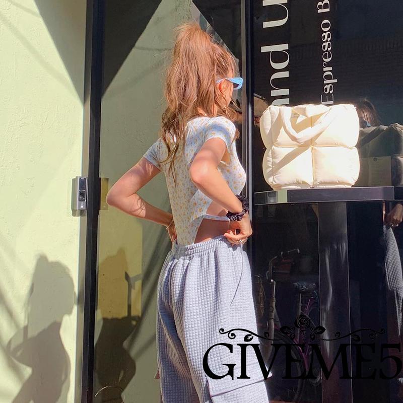 Bộ Áo Liền Quần Tay Ngắn Cổ Tròn Eo Cao In Hoa Thời Trang Cho Nữ