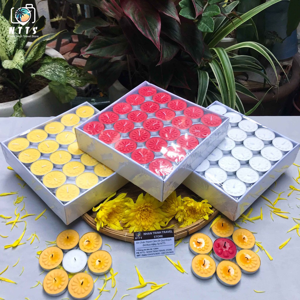 100 Viên Nến TEALIGHT Cháy 2,5H an toàn Không Mùi - Không Khói Đen [Trắng - Vàng - Đỏ]