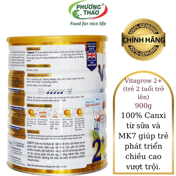 Sữa VitaGrow 2+ 900g Tăng Chiều Cao (trẻ 2 tuổi trở lên) Date 2023