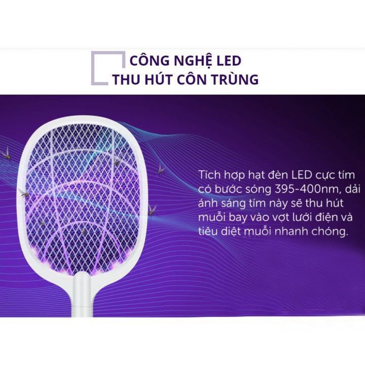 Vợt Bắt Muỗi Kiêm Đèn Tích Điện Đa Năng 2 In1 An Toàn Khi Sử Dụng, Thiết Kế 3 Lớp Bằng Thép Không Gỉ, Độ Bền Cao