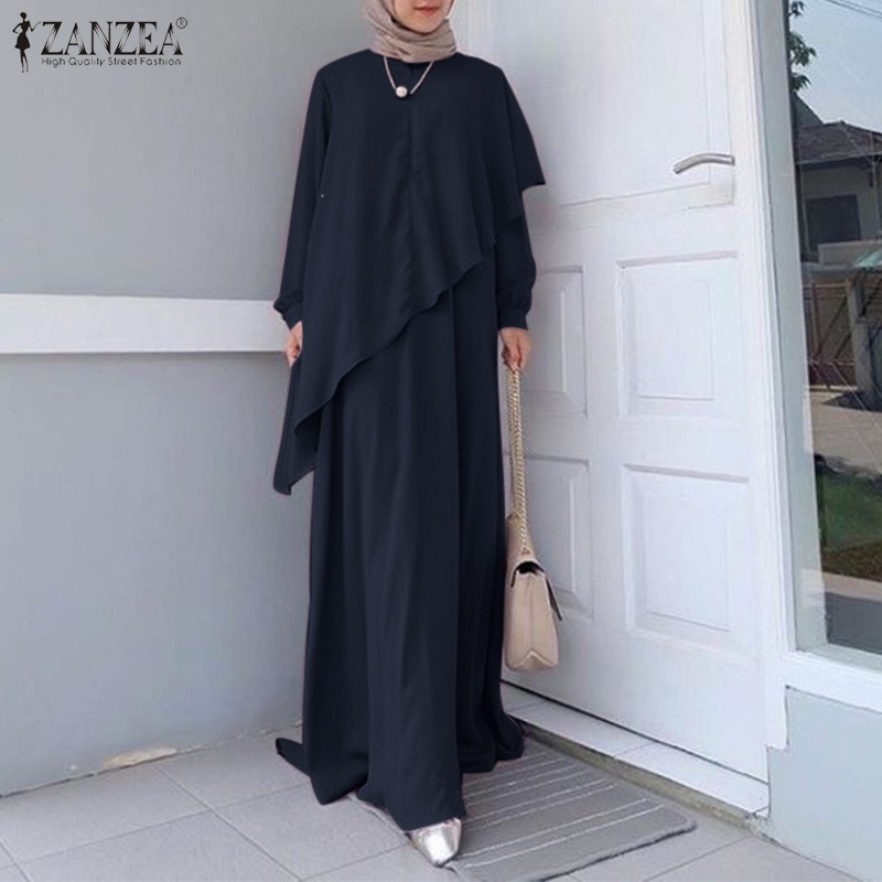 Đầm maxi ZANZEA tay dài cổ tròn phối nút phong cách hồi giáo cho nữ