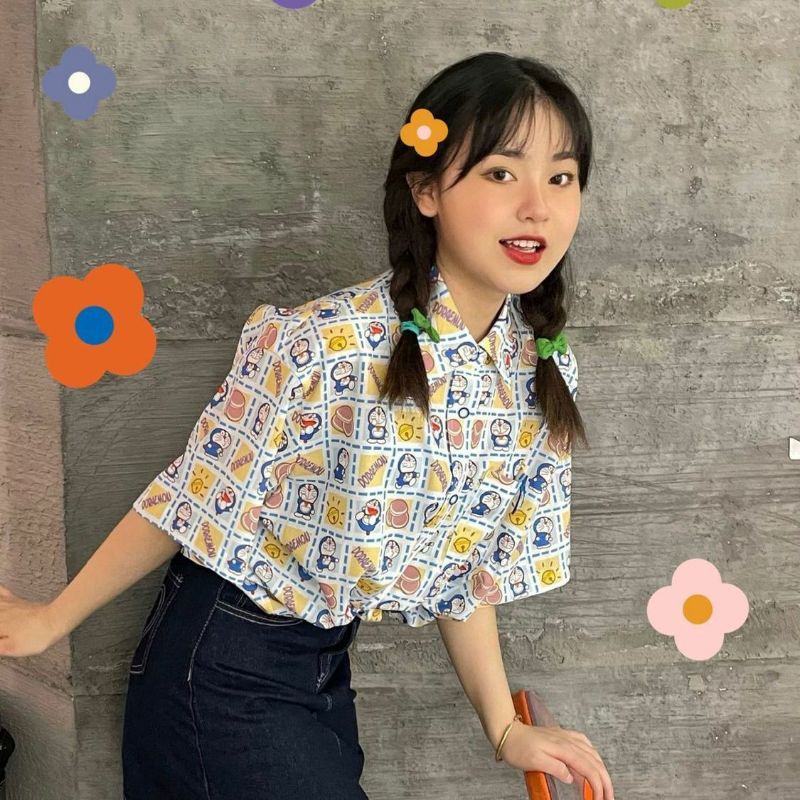 áo sơ mi nữ form rộng unisex hoạt hình tuổi thơ doremon