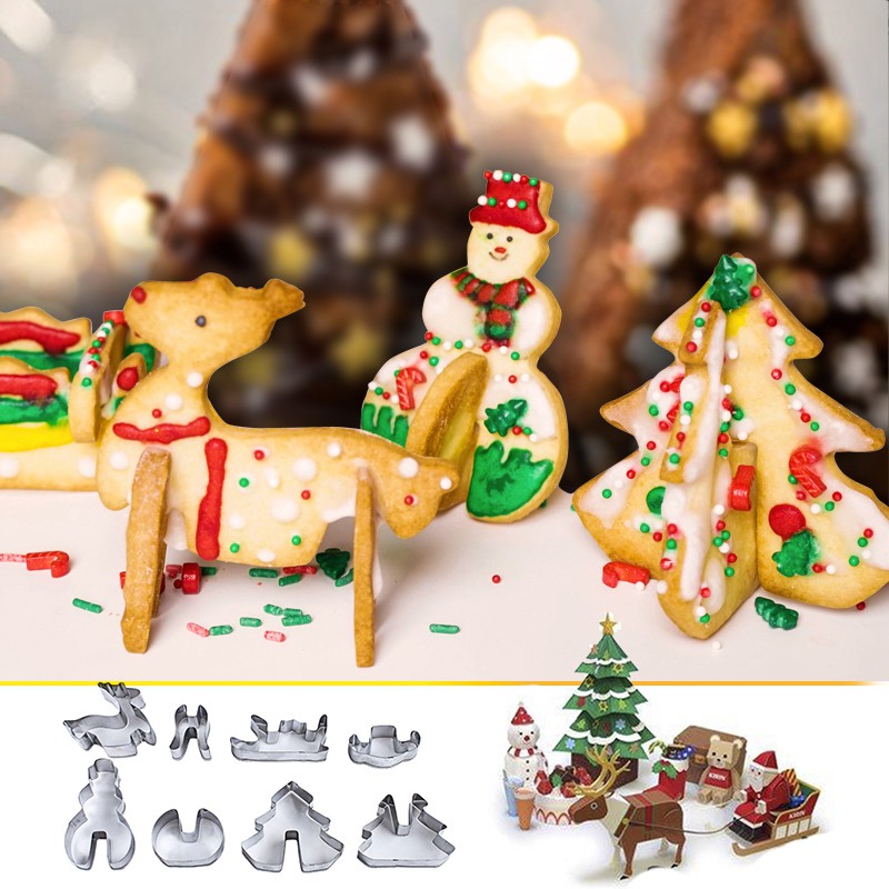 welo 8 Pcs/Set 3D Christmas Scenario Cookie Cutter Set Cake Decoration Stainless Steel Biscuit Mould Fondant Cookie Cutter welo