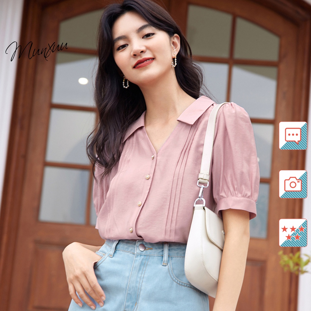 Áo sơ mi nữ kiểu tay ngắn Munxuu dáng basic thời trang công sở, thiết kế dập ly thanh lịch, vải Tơ mềm chống nhăn - SP46