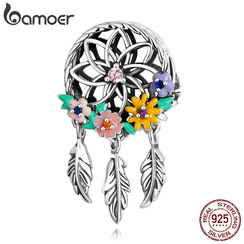 Hạt Bamoer BSC589 bạc 925 hình lưới giấc mơ đính hoa/lông vũ dùng làm vòng tay thời trang