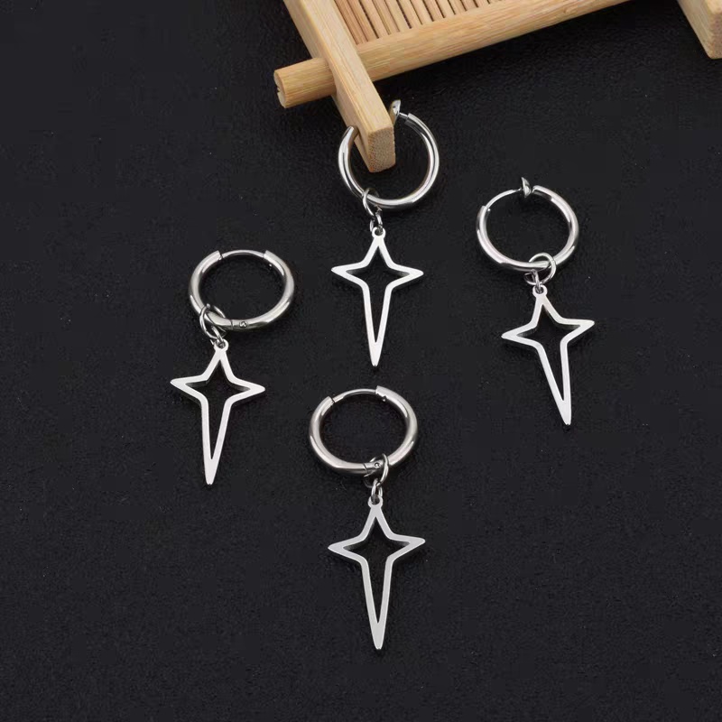 Khuyên Tai Tròn Hình Ngôi Sao Chữ Thập Unisex Gre Earing Màu Bạc Đẹp Cá Tính Chất - Khuyên Tai Thời Trang Kuu Titan