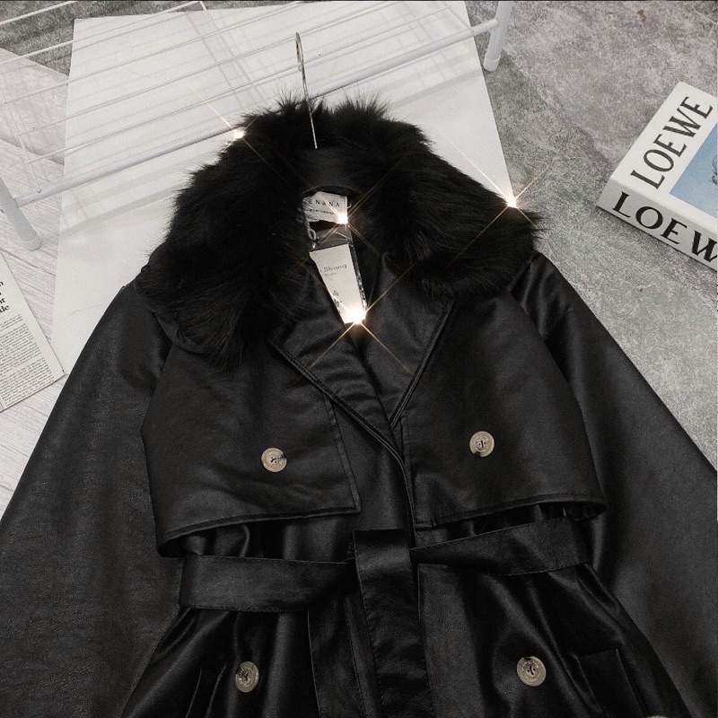 [FREESHIP]Áo khoác da mangto phối lông tháo rời được cao cấp tay dài sáu nút có đai tay đai eo hàng QCCC hình thật