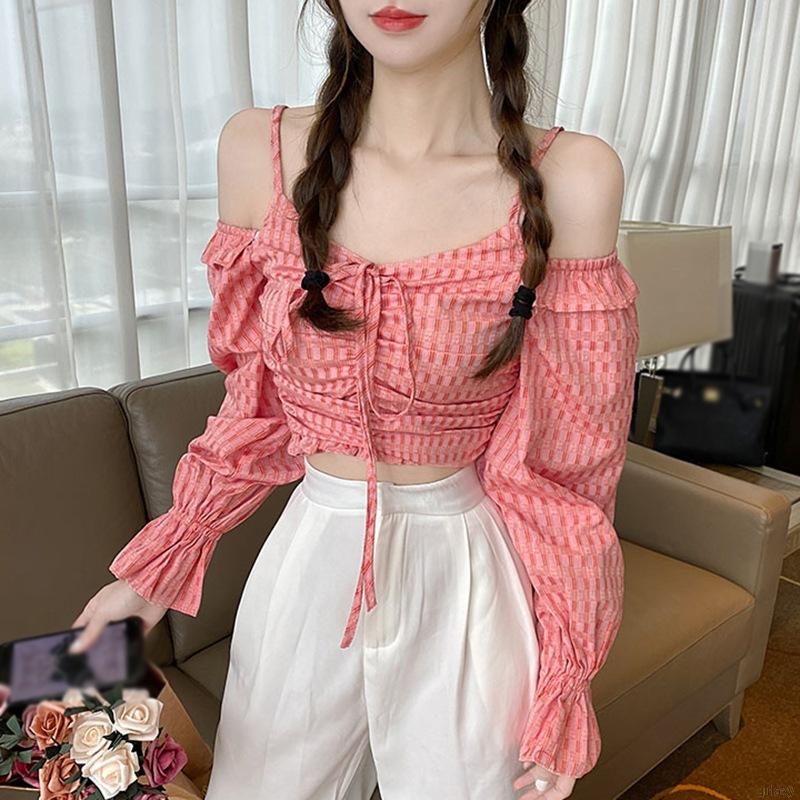 Áo Ren Lửng Tay Dài Trễ Vai Quyến Rũ Phong Cách Retro Hàn Quốc