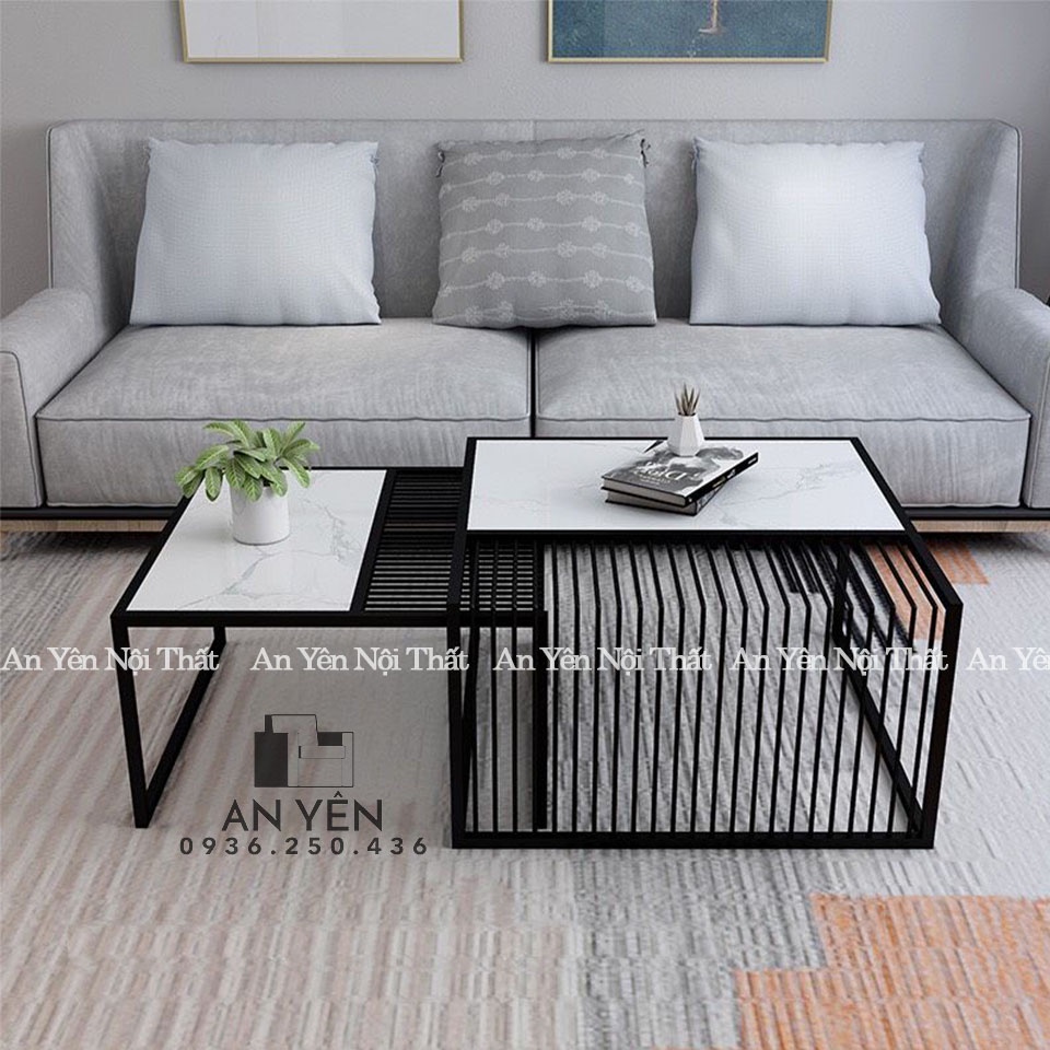 Bàn Trà Sofa Đôi Vuông Mặt Đá Kính Chân Sắt Đen An Yên AYB01