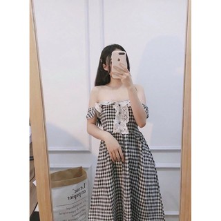Đầm caro mặc 2 kiểu - váy caro pha ren mặc 2 kiểu