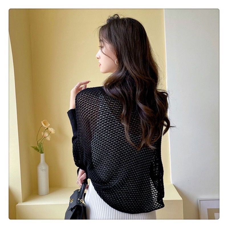 Áo khoác nữ Cardigan len lưới mỏng dáng cánh dơi tay bo không khuy mix với áo váy 2 dây phong cách ulzzang Hàn Quốc